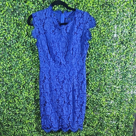 None Dresses & Skirts - Elegant Blue Midi Sheath Dress with Flutter Cap Sleeves Size Small